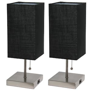 14.25 in. Brushed Nickel Petite Stick Lamp with USB Charging Port and Black Fabric Shade Set (2-Pack)