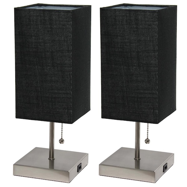 Simple Designs 14.25 in. Brushed Nickel Petite Stick Lamp with USB Charging Port and Black Fabric Shade Set (2-Pack)