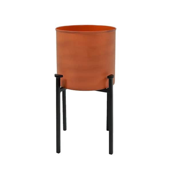 15 in. H, 8 in. W Cylinder Burnt Sienna Galvanized Steel Planter Pot w/Black Wrought Iron 4-Legged Plant Stand