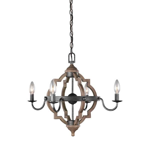 Generation Lighting Socorro 4-Light Weathered Gray and Distressed Oak Rustic Farmhouse Hanging Candlestick Chandelier