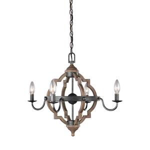 Socorro 4-Light Weathered Gray and Distressed Oak Rustic Farmhouse Hanging Candlestick Chandelier