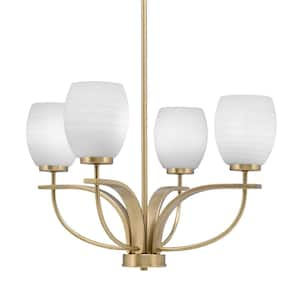 Olympia 4-Light Uplight Chandelier New Age Brass Finish 5 in. White Linen Glass