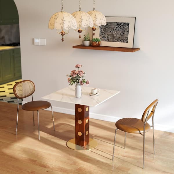 33 in. W Square White Sintered Stone with Solid Wood Pedestal Dining Table for Bistro, Dining Room, Terrace (Seats 2)