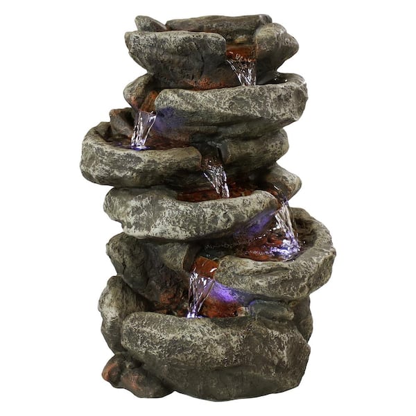 Sunnydaze 15 in. 6-Tier Stone Tabletop Water Falls Fountain with LED Light