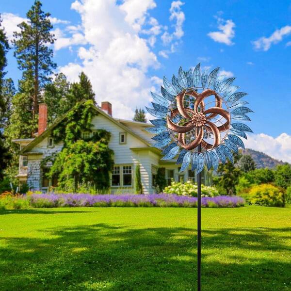 74 in. Blue Metal Large Two-Way Wind Sculptures Wind Spinner