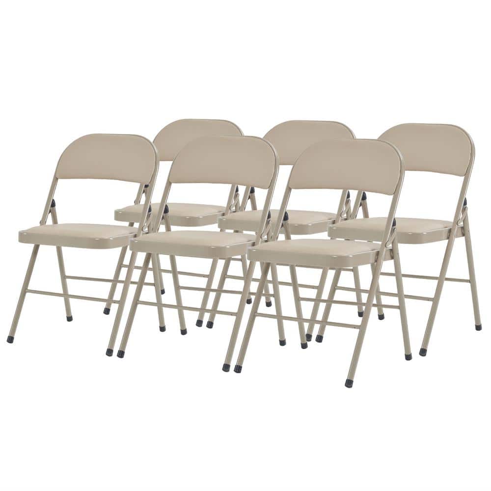 Set of 6 Light Brown Faux Leather Armless Folding Chairs with Metal Frame