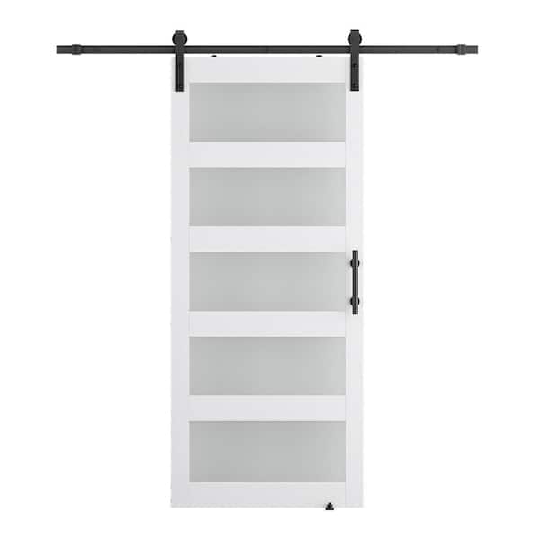 24 in. x 80 in. 5-Panel Frosted Glass White Prefinished MDF Interior Sliding Barn Door with Hardware Kit