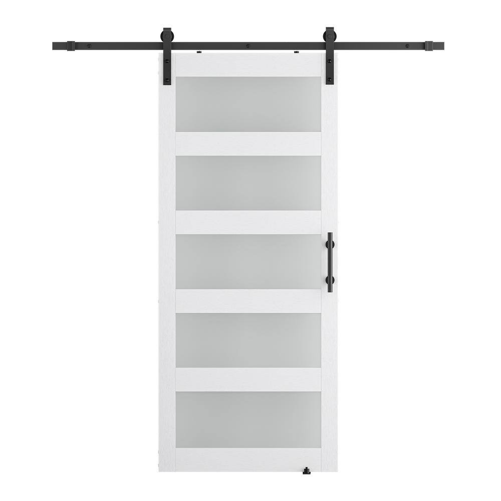 34 in. W. x 80 in. 5-Panel Frosted Glass White Prefinished MDF Interior Sli