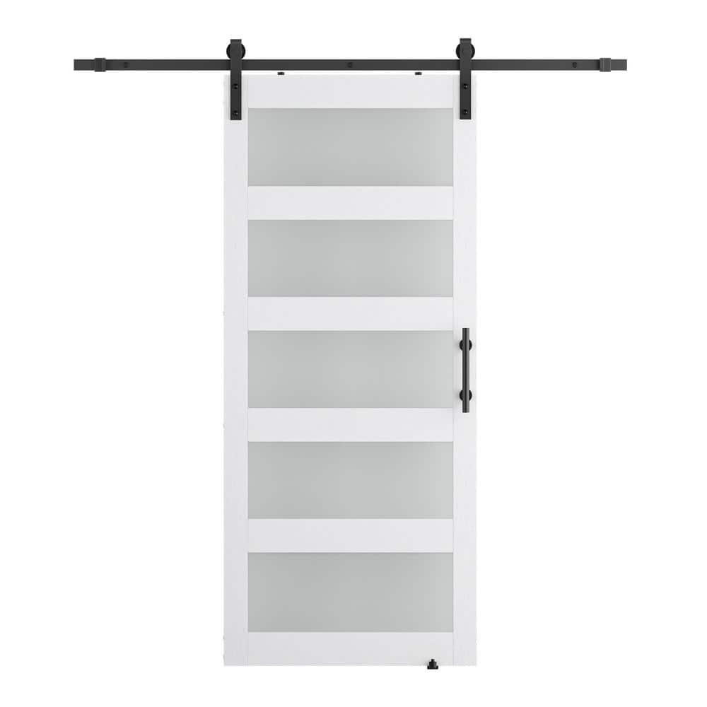 48 in. x 80 in. 5-Panel Frosted Glass White Prefinished MDF Interior Slidin
