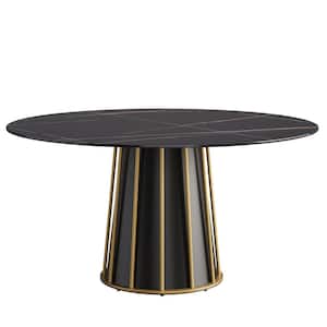 59.05 in. Black Circular Rotable Sintered Stone Tabletop Black Pedestal Base Kitchen Dining Table (Seats-8)