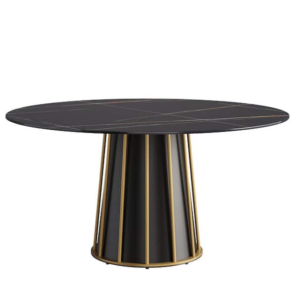 Magic Home 59.05 in. Black Circular Rotable Sintered Stone Tabletop Black Pedestal Base Kitchen Dining Table (Seats-8)