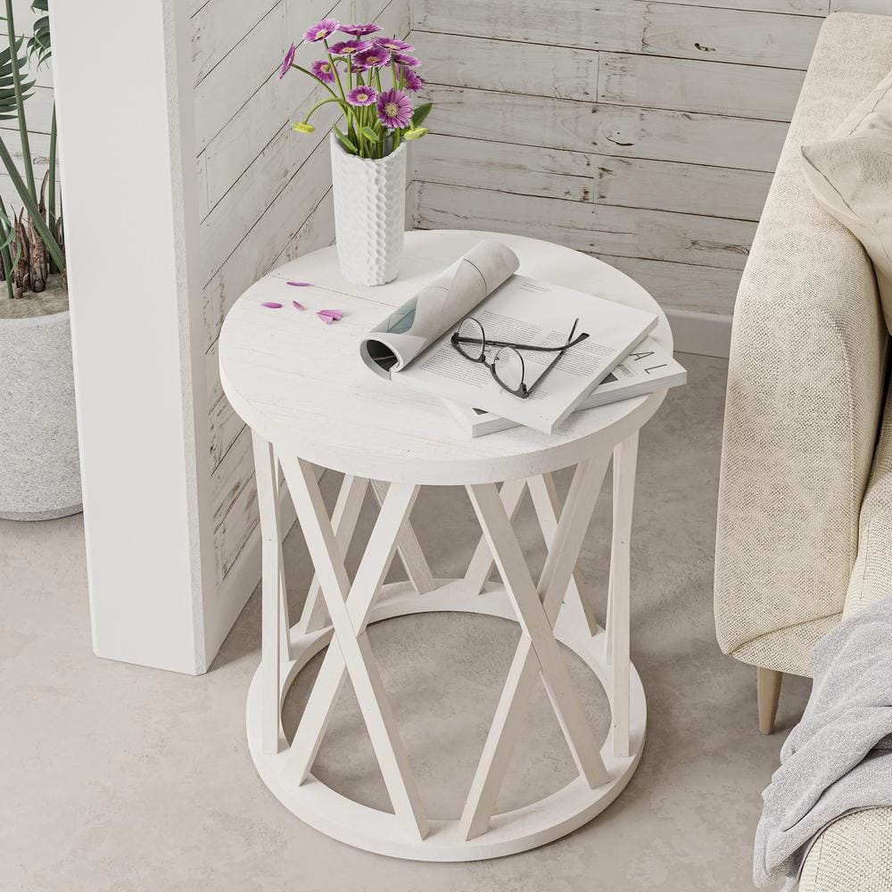 Antique White Round Wood Farmhouse End Table with X-Motifs