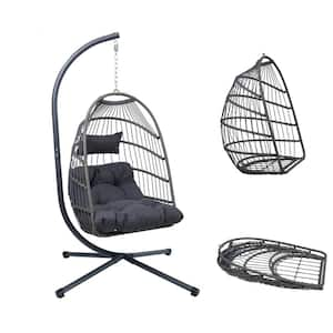 Outdoor Egg Hanging Chair with Stand, Patio Wicker Swing Egg Chair Indoor Swinging Chair with Gray Cushion