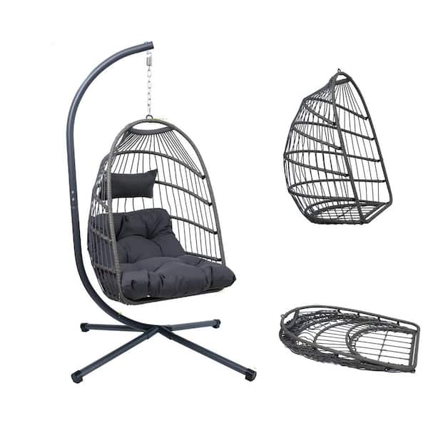 Unbranded Outdoor Egg Hanging Chair with Stand, Patio Wicker Swing Egg Chair Indoor Swinging Chair with Gray Cushion