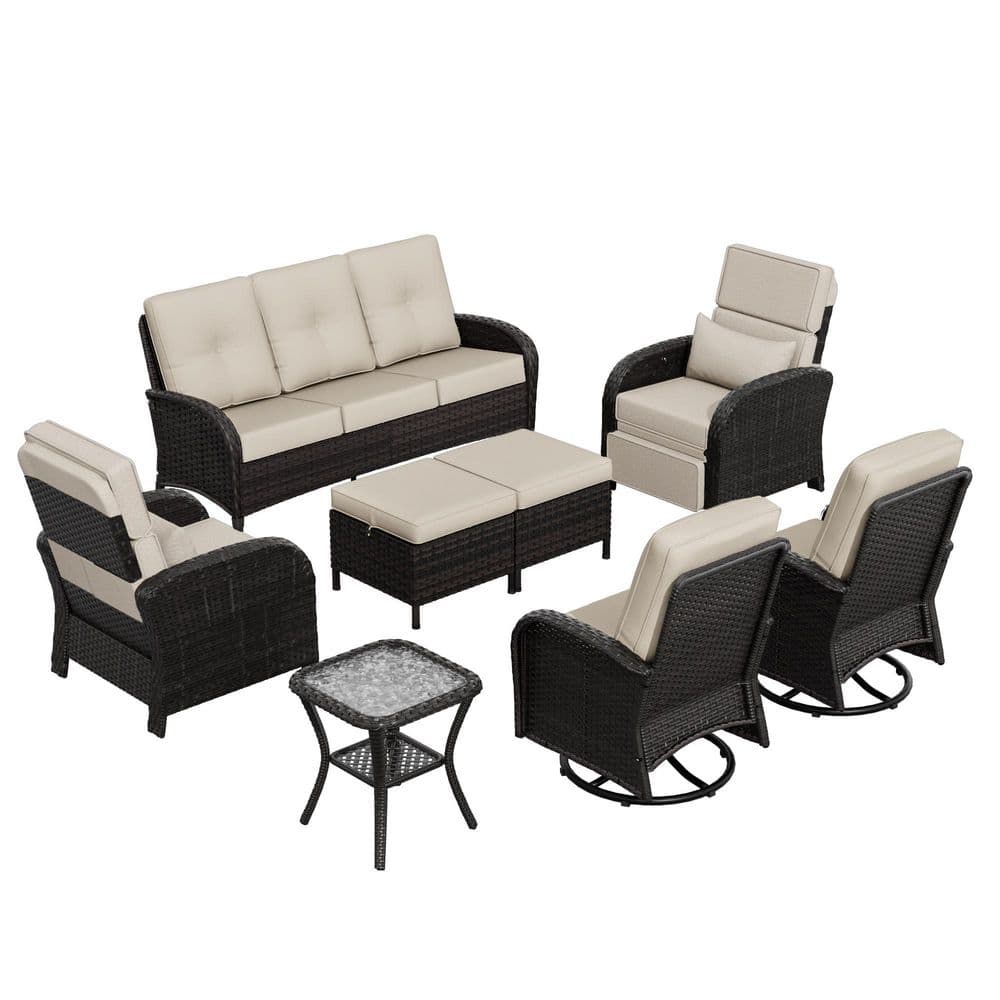 8-Piece Brown Wicker Patio Conversation Set Adjustable Recliner Chair with Sofa, Rocking Chairs and Beige Cushions price history on PriceWatchPro