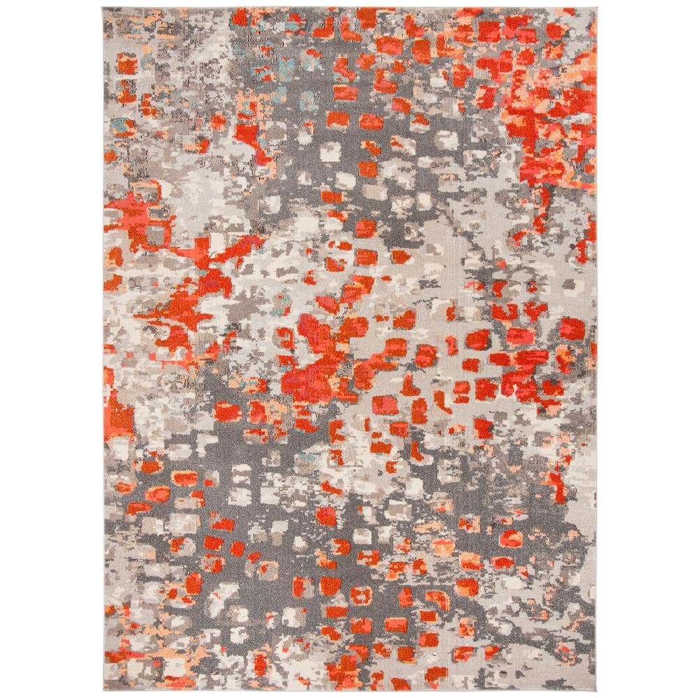 Grey and Orange Geometric Synthetic Area Rug, 9' x 12'