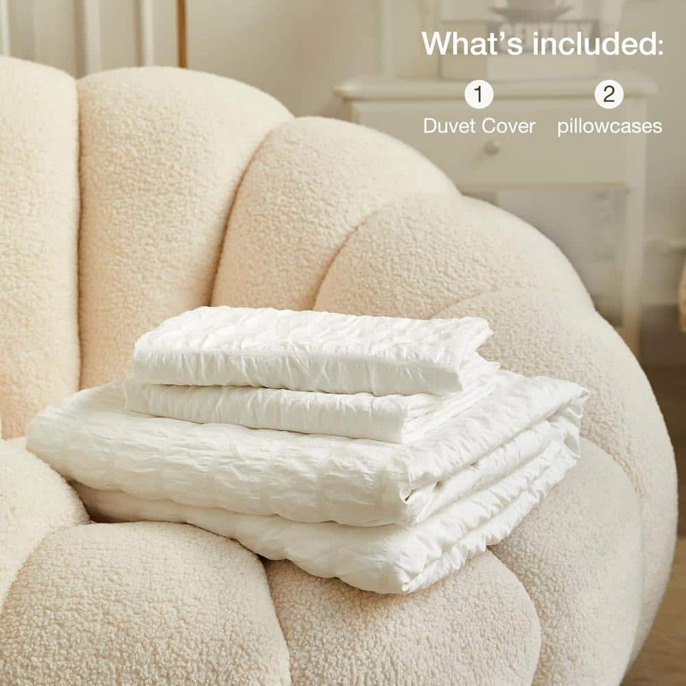 White Seersucker Queen Microfiber Duvet Cover Set, 3-Piece