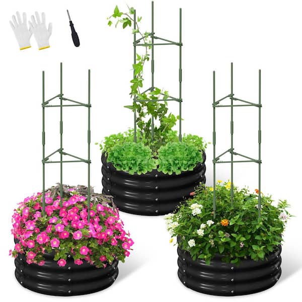 3-Pack 24 x 24 x 12 in. Round Galvanized Raised Garden Bed with Tomato Cages Metal Planter Box for Planting, Black