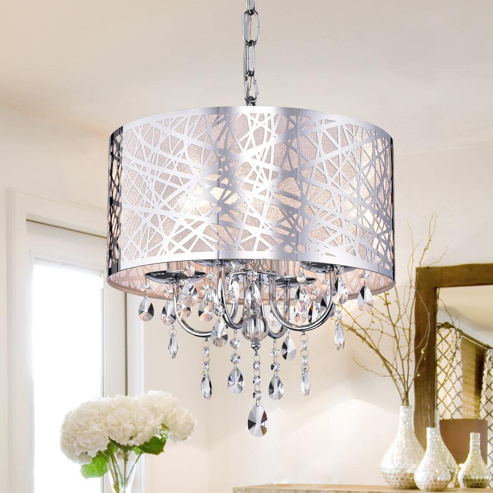 17" Chrome Abstract Drum Chandelier with Crystal Accents