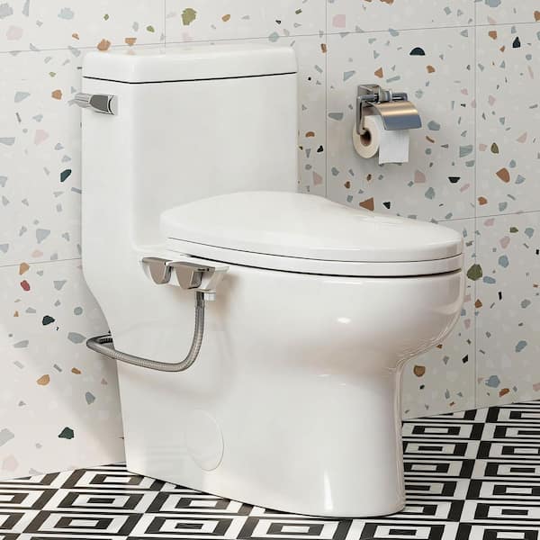 1.28 GPF Single Flush 1-Piece Elongated Toilet Combo in White with Non-Electric Warm Bidet Attachment, Hygiene Guard