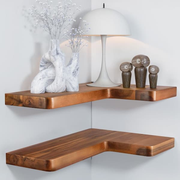 17 in. W x 12 in. D Brown Acacia Wood Corner Decorative Wall Shelf