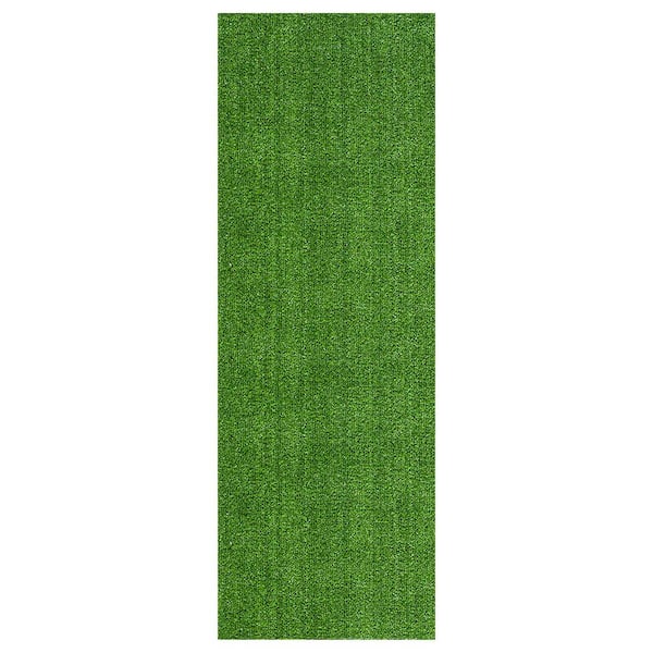 Ottomanson Evergreen Collection Waterproof Solid 3x17 Indoor/Outdoor 2 ft. 7 in. x 17 ft. Green Artificial Grass Runner Rug