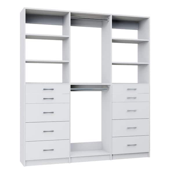 Alto Collection 70.5 in. W White Tower System 2 5-Drawer and Double Hang 13-Shelf Wood Closet System