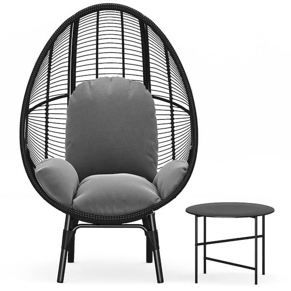 ITOPFOX 35.1 in. W One Person Black Rattan Wicker Patio Swing Egg Chair with Gray Cushion and Side Table