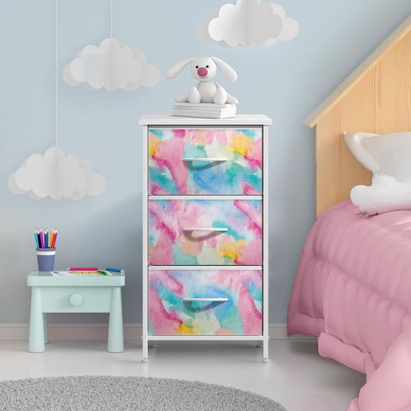 Sorbus Watercolor Tie-Dye 3 Drawer 11.8 in. W Nightstand - Storage Organizer with Steel Frame, Wood Top, and Fabric Bins