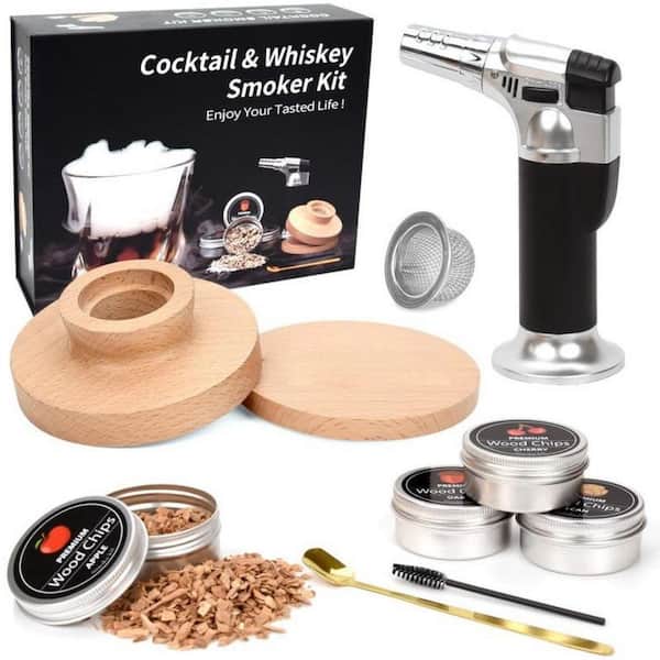 Whiskey Smoker Kit with Torch, Natural Wood, Drink Smoker Infuser Kit for Cocktails, Bourbon, Home Bar Use (No Butane)