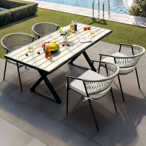 Outdoor Patio Metal Frame Hemp Rope Dining Chairs with Beige Cushions (4-Pack)