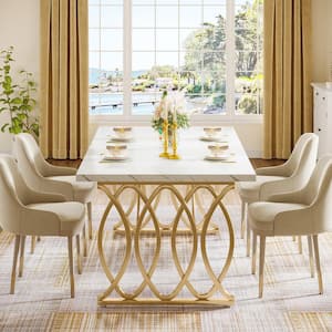 Adan Faux Marble White Wooden 63 in. Trestle Rectangle Dining Table Seats 6 with Gold Geometric Legs