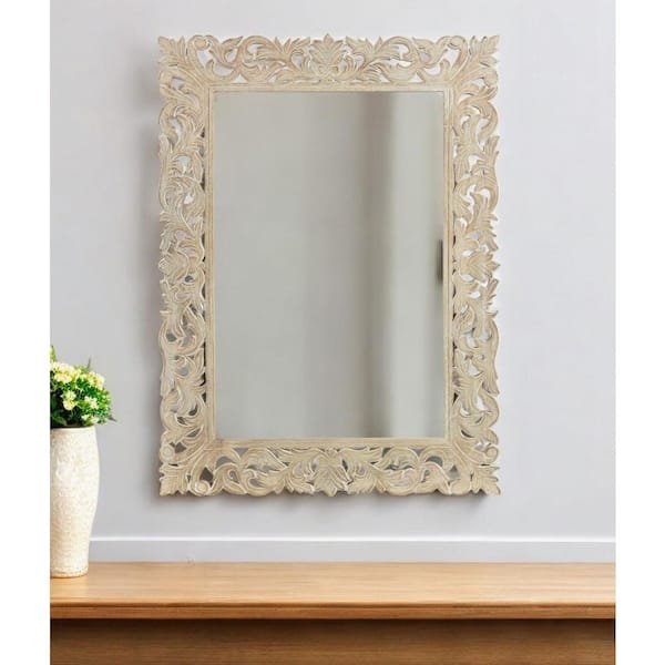 47" Antiqued White Solid Wood Carved Scrollwork Accent Mirror