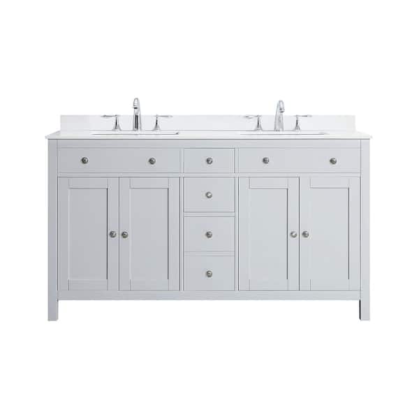 Home Decorators Collection Austen 60 in. W x 22 in. D Bath Vanity in Dove Grey with Marble Vanity Top in Yves White with White Sinks