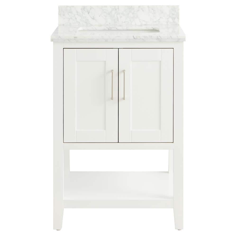 Waldorf 24 in. W x 21 in. D x 34 in . H Free Standing Bath Vanity in White with Carrara Marble Counter Top