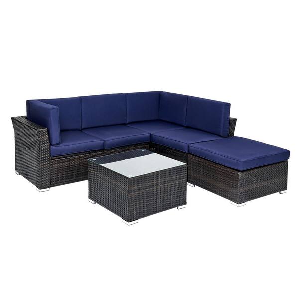WELLFOR 4-Piece Wicker Patio Conversation Set Outdoor Seating Sofa Set with Navy Cushions