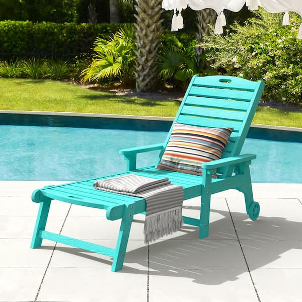 LUE BONA Oversized Plastic Outdoor Chaise Lounge Chair with Wheels and Adjustable Backrest for Poolside Patio Garden-Aruba Blue