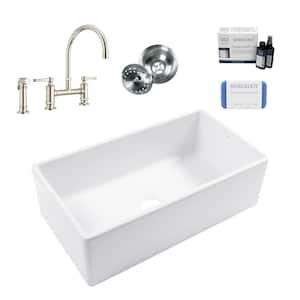 Bradstreet II 33 in. Farmhouse Apron Front Undermount Single Bowl White Fireclay Kitchen Sink with Nickel Faucet Kit