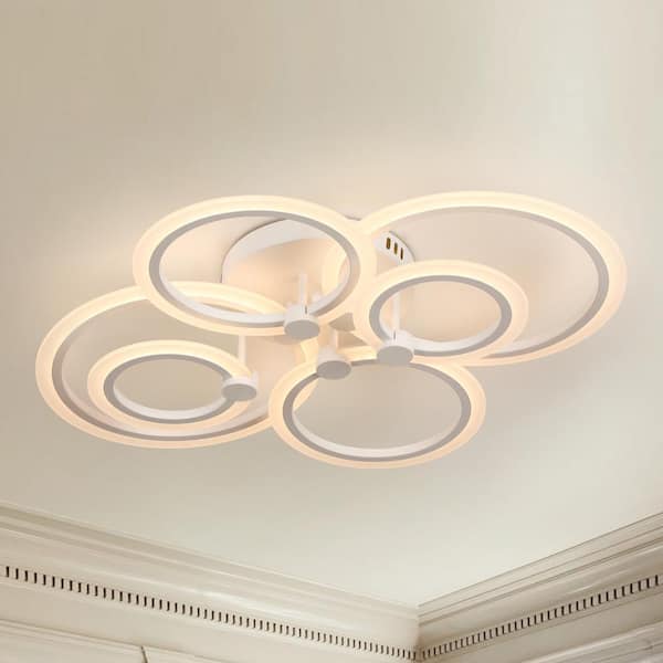 TOZING 31 in. White Modern Integrated LED 6 Rings Circle Semi- Flush Mount Ceiling Light with Remote Control for Living Room