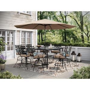 Montclair 9-Piece Steel Outdoor Dining Set with Tan Cushions, 8 Swivel Chairs, 60 in. Counter Height Table and Umbrella
