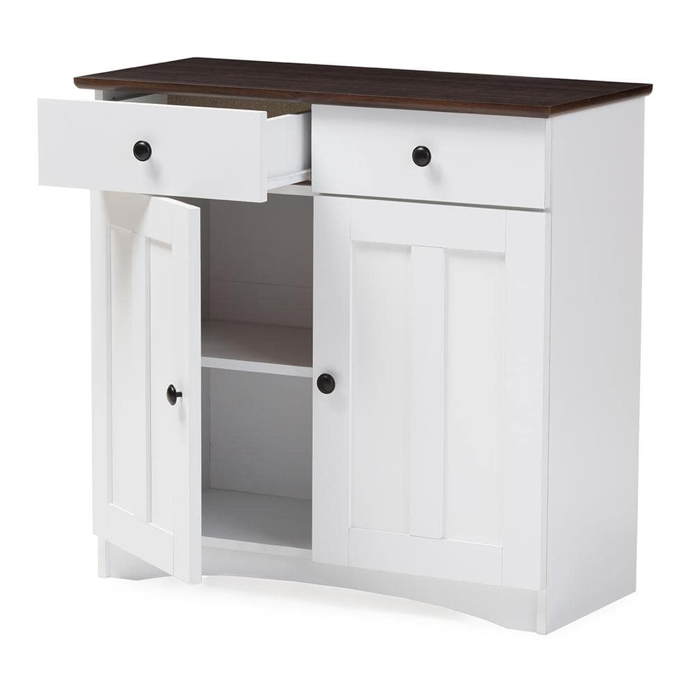 Lauren White and Dark Brown Buffet Kitchen Cabinet with Two Doors and Drawers