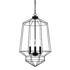 Winfield 3-Light Black Caged Chandelier Light Fixture with Geometric Metal Shade