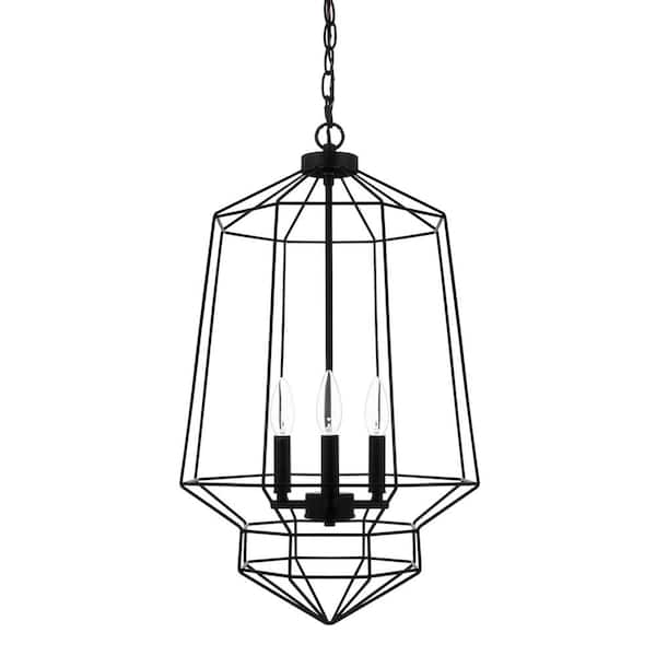 Hampton Bay Winfield 3-Light Black Caged Chandelier Light Fixture with Geometric Metal Shade