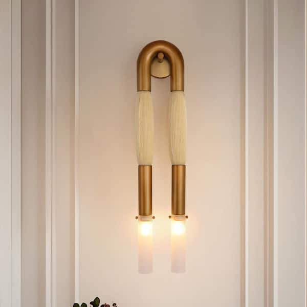 PUYRNF 7 in. 2-Light Dimmable LED Brass Horsehair Wall Sconce, Modern U-Shaped Wall Lamp for Bedroom, Living Room (1-Piece)