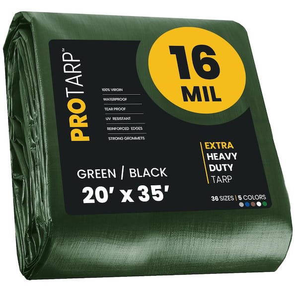 PROTARP 20 ft. x 35 ft. Green/Black 16 Mil Heavy Duty Polyethylene Tarp, Waterproof, UV Resistant, Rip and Tear Proof