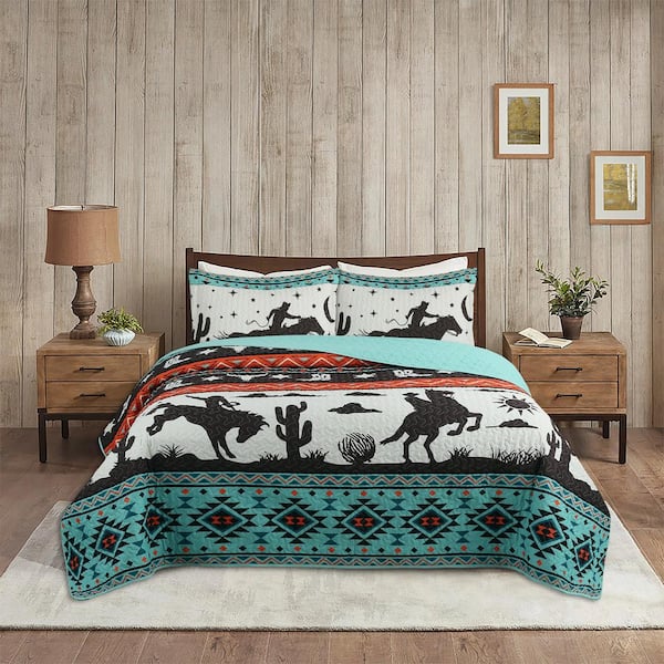 MarCielo ME501 Southwestern Green/Multi Cowboy Queen Polyester Quilt Bedspread Set