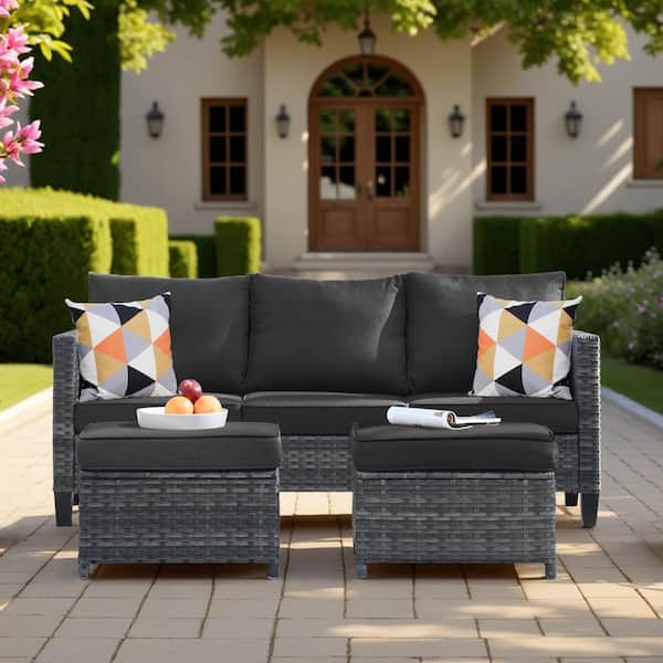 OVIOS New Vultros Gray 3-Piece Wicker Outdoor Lounge Chair with Black Cushions and 2 Ottomans