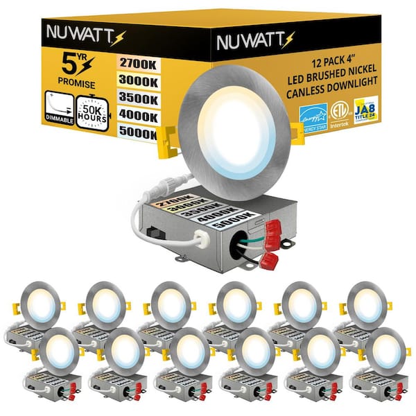 4 in. Nickel Trim 5CCT 27K-50K Ultra Thin Canless New Construction IC Rated Integrated LED Recessed Lighting Kit 12 Pack