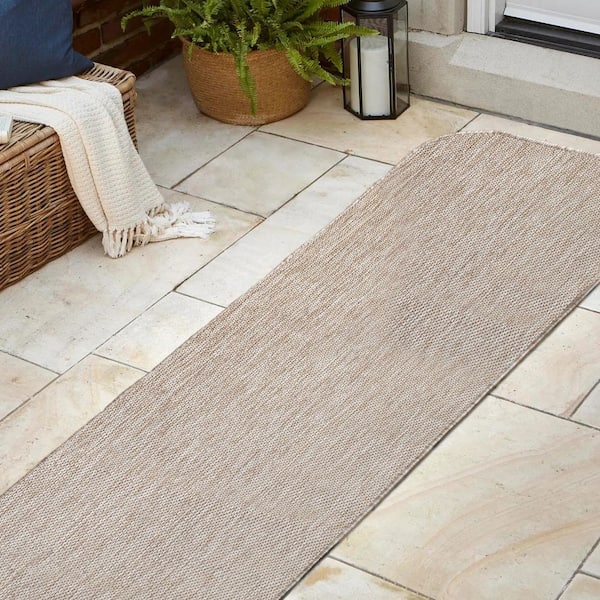 Miles Modern Minimalist Radius Corner Solid Beige 2 ft. x 8 ft. Indoor/Outdoor Shaped Runner Rug