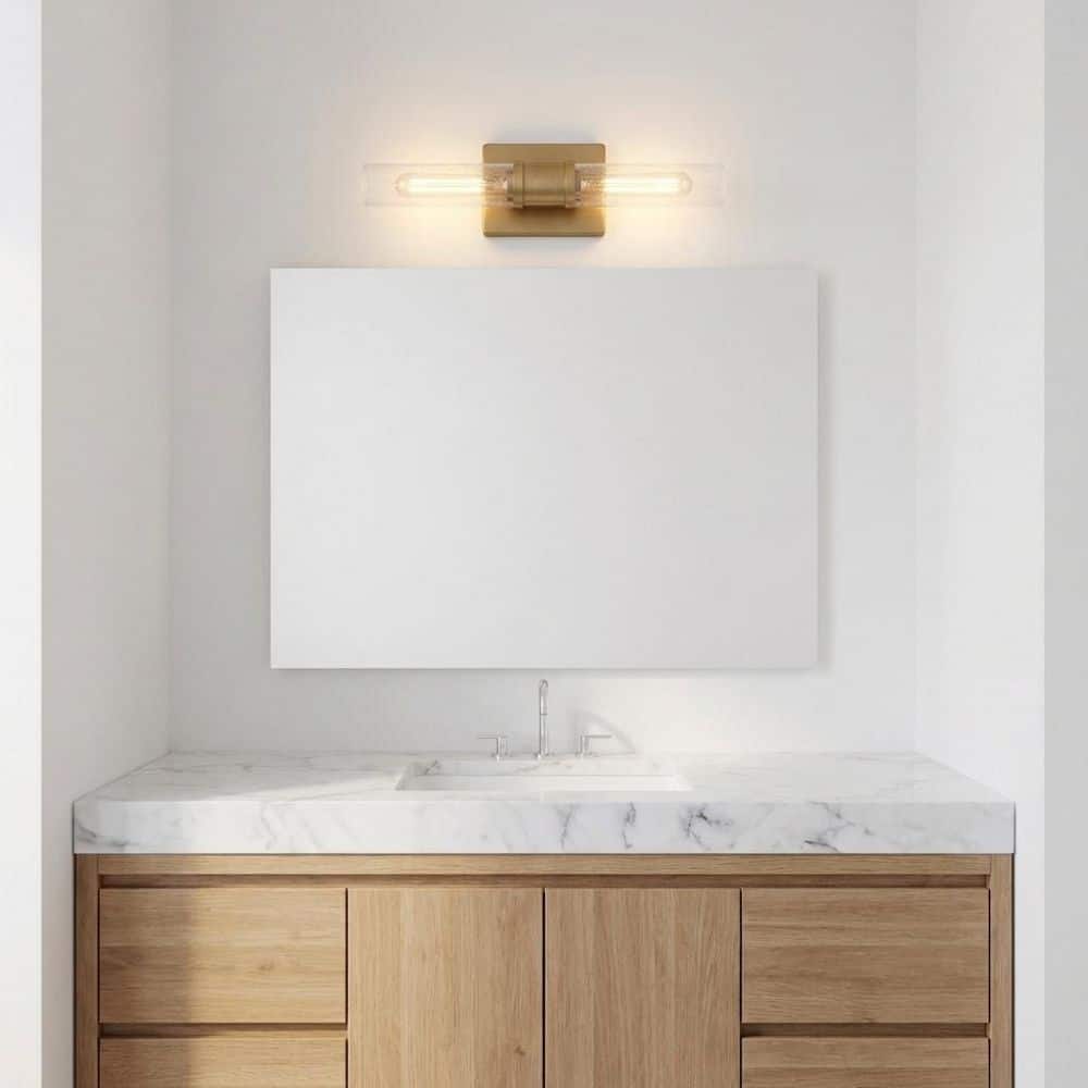 Keaton 5 in. W x 20 in. H 2-Light Satin Brass Dimmable Wall Sconce with Clear Crackle Glass Shades price history on PriceWatchPro